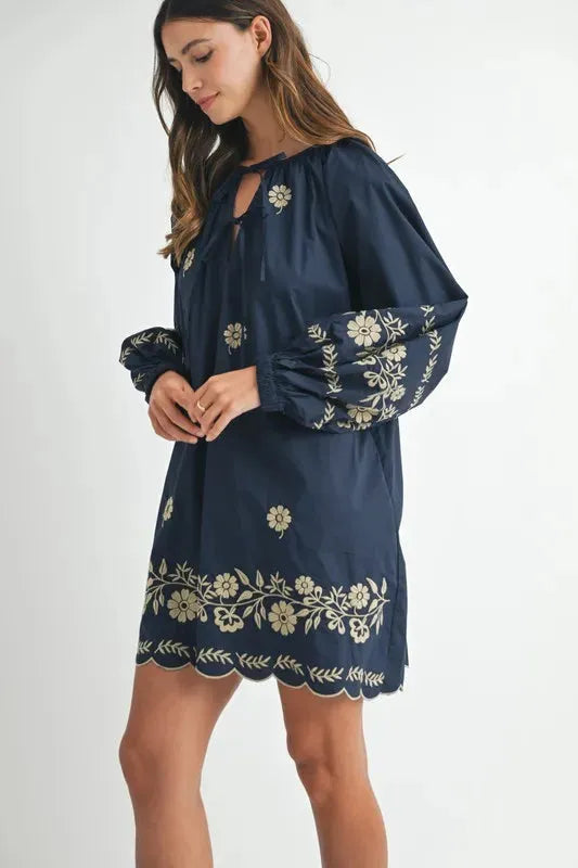 Embroidered Long Sleeve Peasant Mini Dress: Boho Elegance Redefined