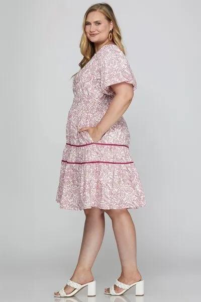 Printed V-Neck Puff Sleeve Tiered Dress