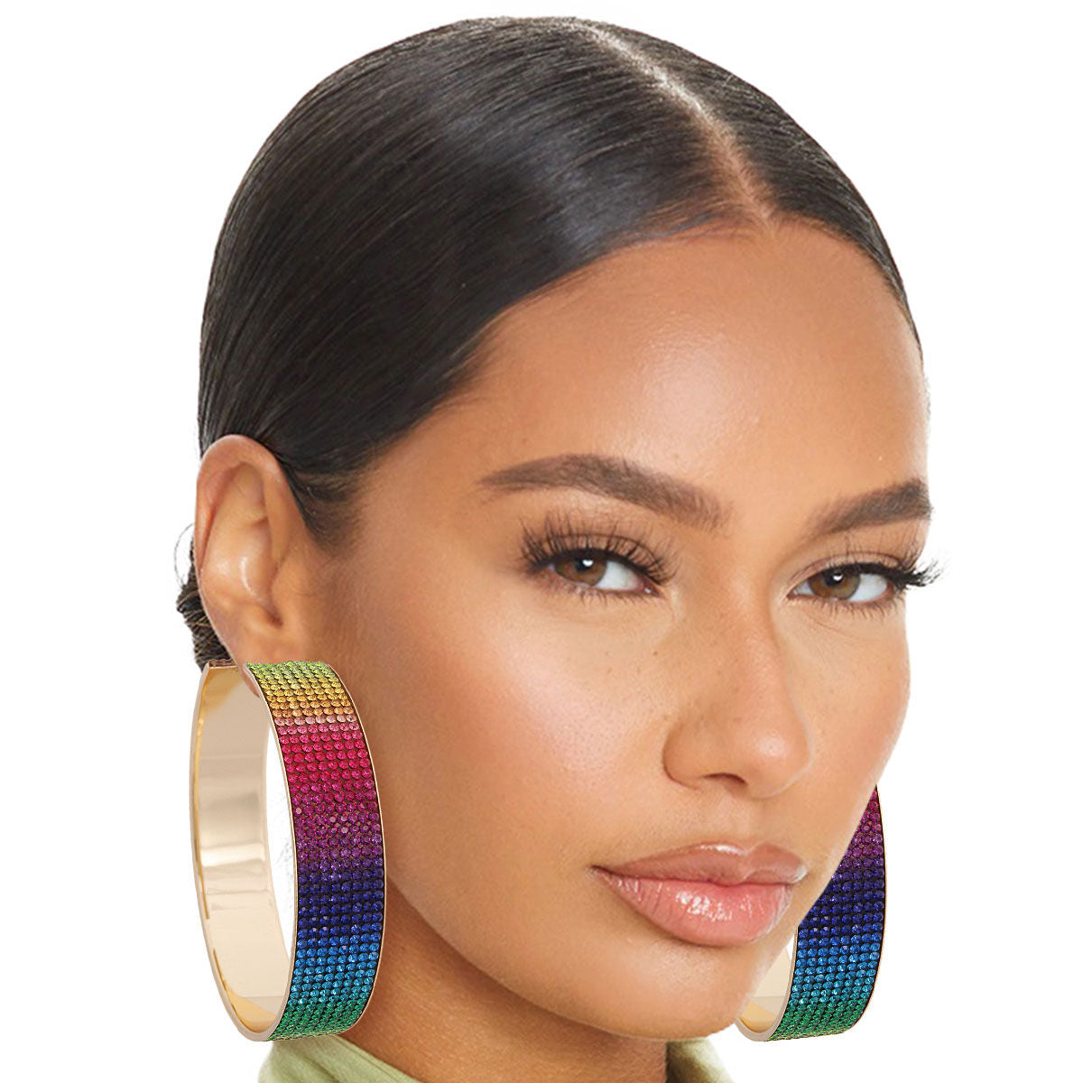 Gold Rainbow Rhinestone Hoop Earrings .75 Inch Wide Fashion Jewelry