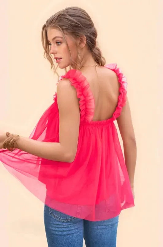 Shirred Ruffle Strap Tulle Babydoll Top - Whimsical Elegance in Hot Pink