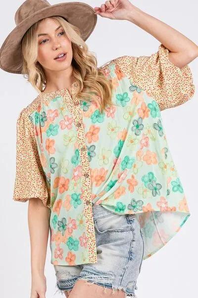 Button Down Bubble Sleeves Light Green Shirt for Women - Shop 2025 Styles
