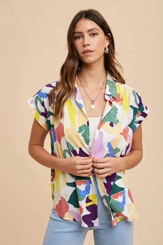 Multicolor Button Down Top with Pleated Shoulders – Vibrant Statement Piece Trendsi