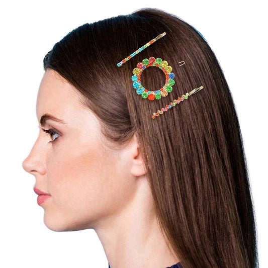 Stunning 3 Pcs Gold Metal & Multicolor Rhinestone Bobby Pin Hair Set