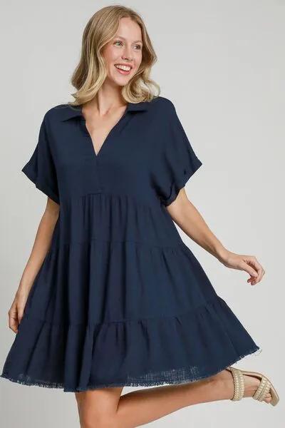 Tiered Dark Navy Dress with Raw Hem &#x26; Folded Sleeves You'll Love in 2025 - Apparel