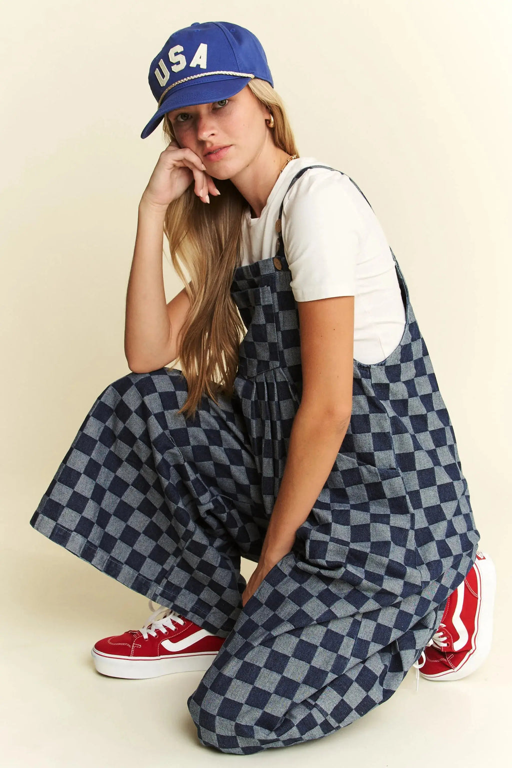 Jade By Jane Denim Checkered Jumpsuit Jewelry Bubble