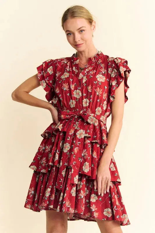 Ruffle Flutter Sleeve Tie Belt Tiered Mini Dress for Effortless Elegance
