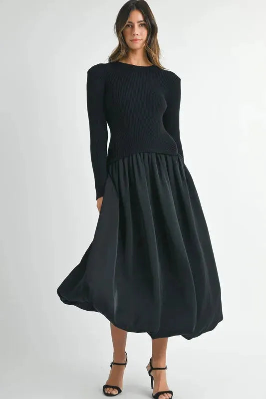 Black Ribbed Poplin Mix Midi Sweater Dress: Trendy and Versatile