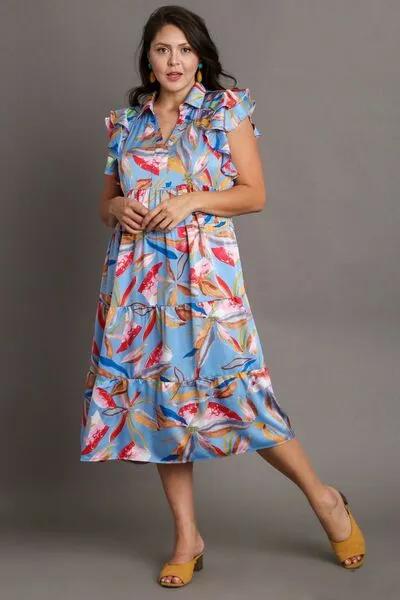 Playful Leaf Print Double Layered Ruffle Sleeve Tiered Midi Dress for Any Occasion