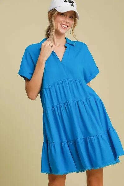 Raw Hem Folded Sleeve Tiered Blue Dress – Shop This Must-Have 2025 Trend