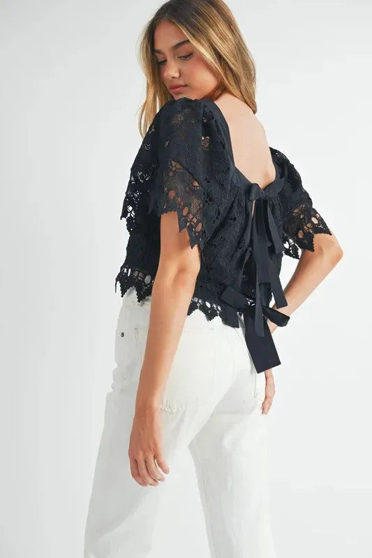 Romantic Square Neck Crochet Lace Top with Double Bow Tie