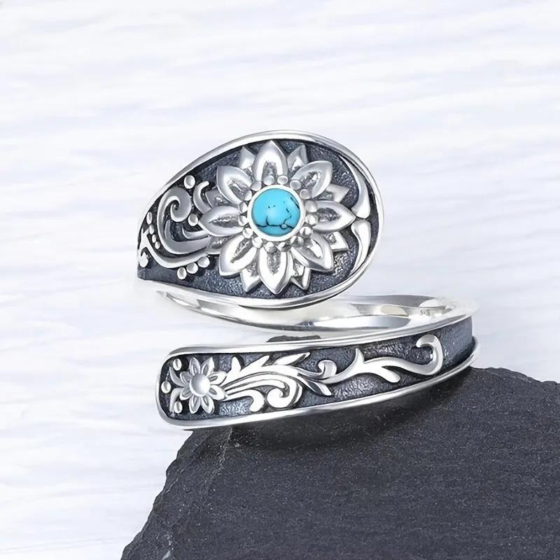 Sterling Silver Adjustable Ring with Turquoise Floral Inlay – 925 Open Bypass Design