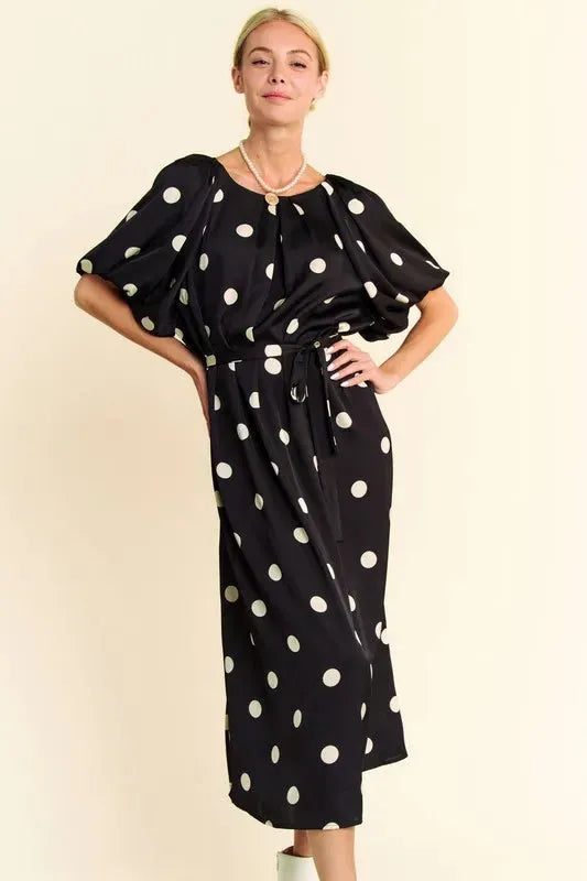 Polka Dot Puff Sleeve Waist Tie Midi Dress – A Timeless Feminine Staple