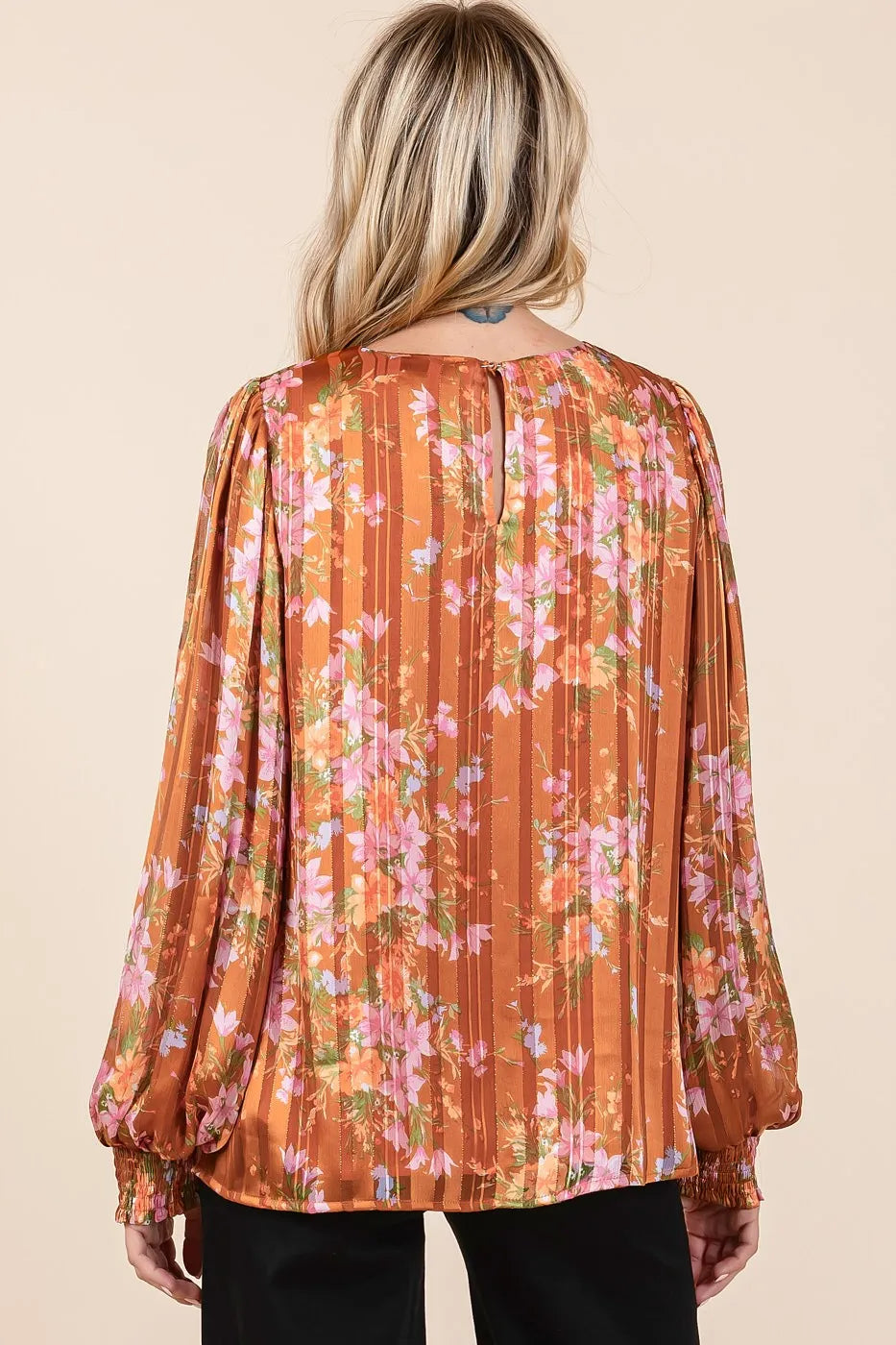 Satin Gold Lurex Striped Chiffon Top – Shimmery Long Sleeve Elegance Jewelry Bubble