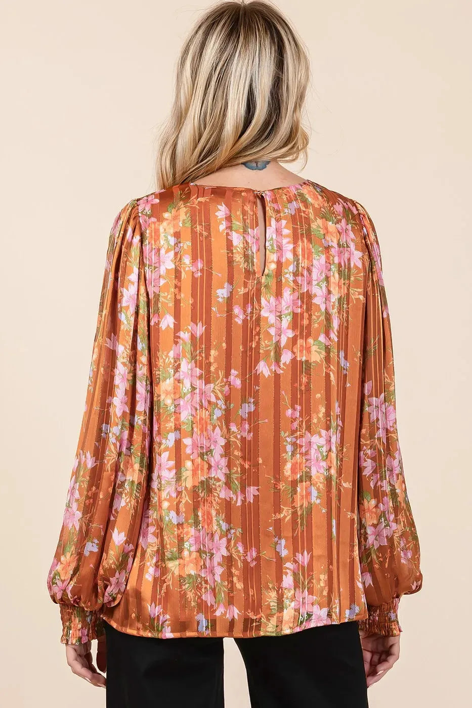 Satin Gold Lurex Striped Chiffon Top – Shimmery Long Sleeve Elegance