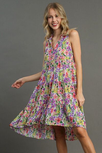 High-Low Hem Multicolor Floral Sleeveless Tiered Dress - Perfect for Summer Days