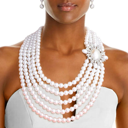 5 Strand Multi Strand Graduated White Faux Pearl Necklace Set Jewelry Bubble