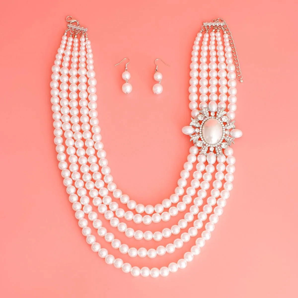 5 Strand Multi Strand Graduated White Faux Pearl Necklace Set Jewelry Bubble