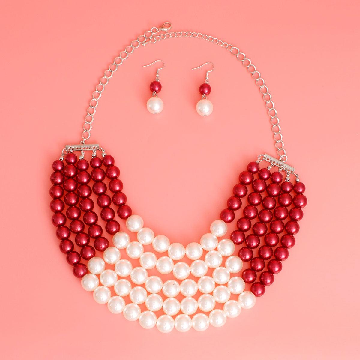 5 Strand Faux Pearl Necklace Earrings Set in Red Cream Beads