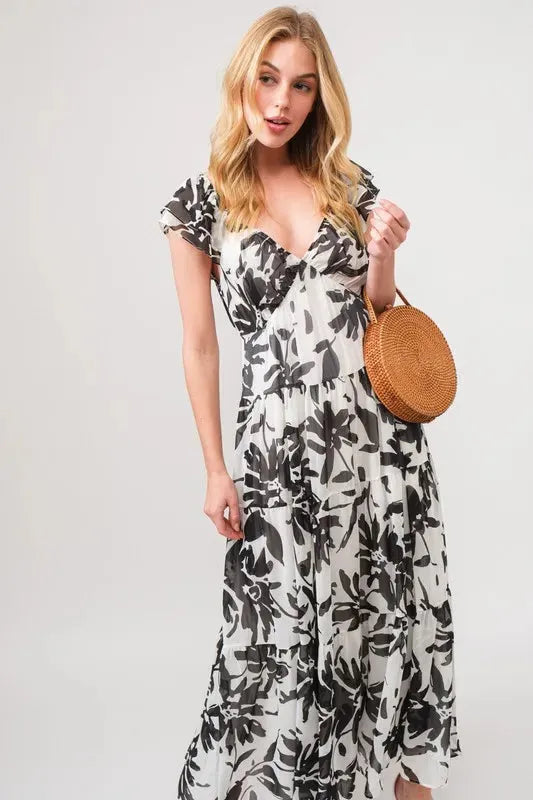 Elegant Ruffled Sleeve Tiered Floral Maxi Dress