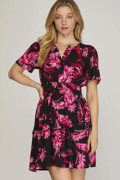 Printed Notched Short Sleeve Frill Tiered Black Dress - Effortless in Style