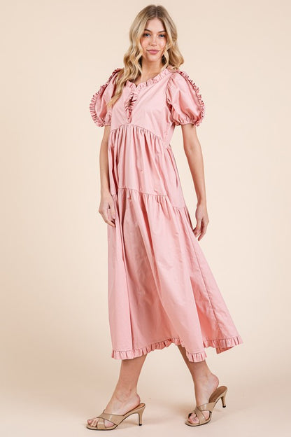 GeeGee Ruffle Trim Puff Sleeve Tiered Babydoll Midi Dress Trendsi