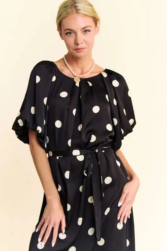 Polka Dot Puff Sleeve Waist Tie Midi Dress – A Timeless Feminine Staple