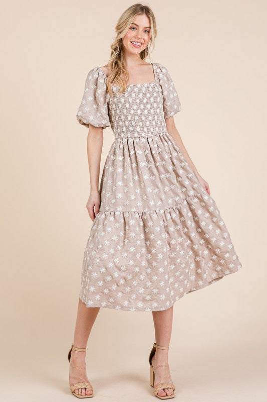 GeeGee Floral Embroidered Smocked Puff Sleeve Tiered Midi Dress Trendsi