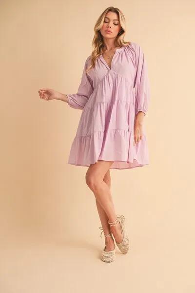 Lilac Notched Balloon Sleeve Tiered Mini Dress
