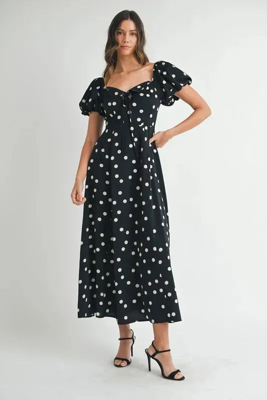 Polka Dot Puff Sleeve Midi Dress: Timeless Elegance for Any Occasion in Black