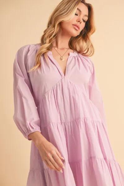 Lilac Notched Balloon Sleeve Tiered Mini Dress