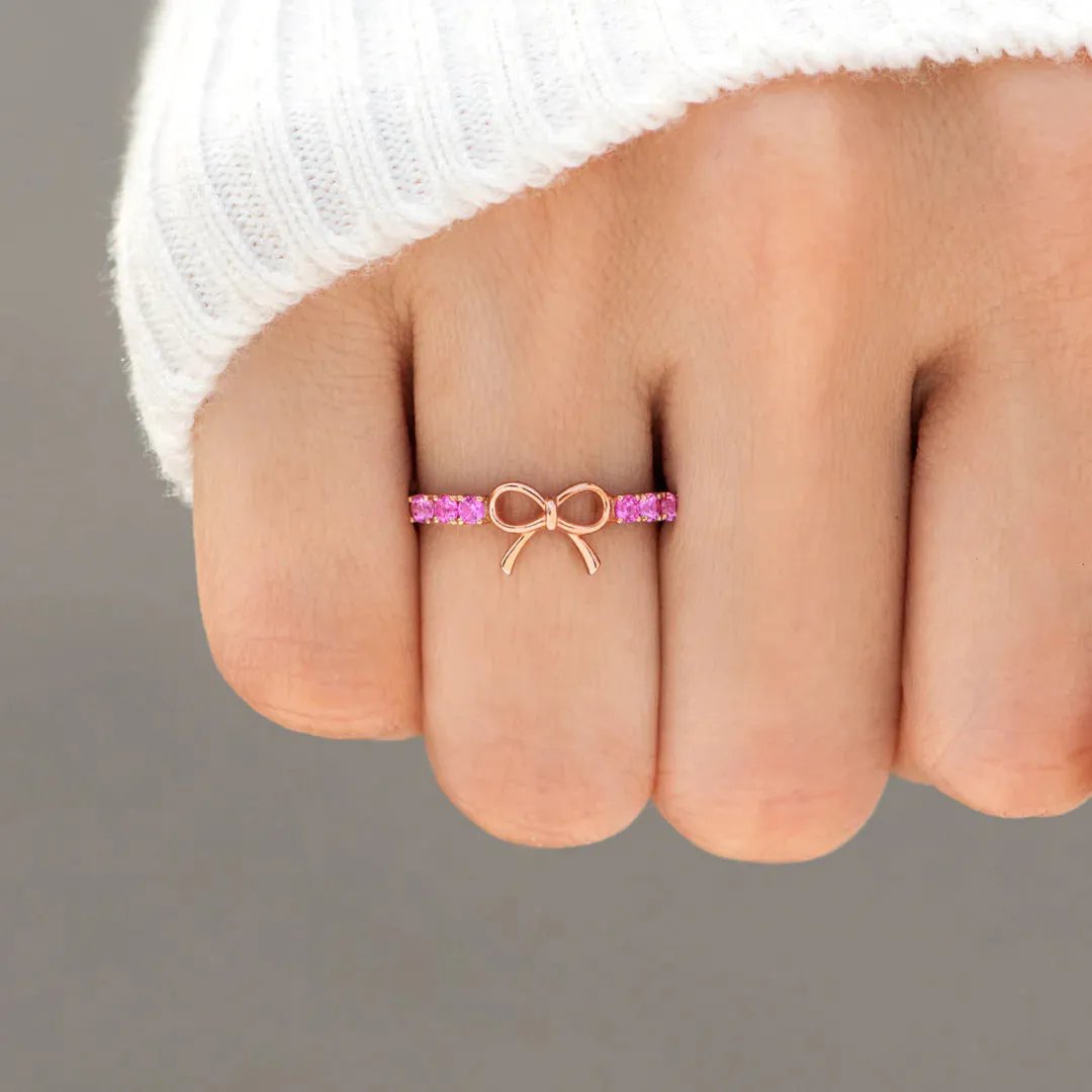 18K Rose Gold Plated Bow Ring with Hot Pink Cubic Zirconia - 925 Sterling Silver Dainty Promise Ring