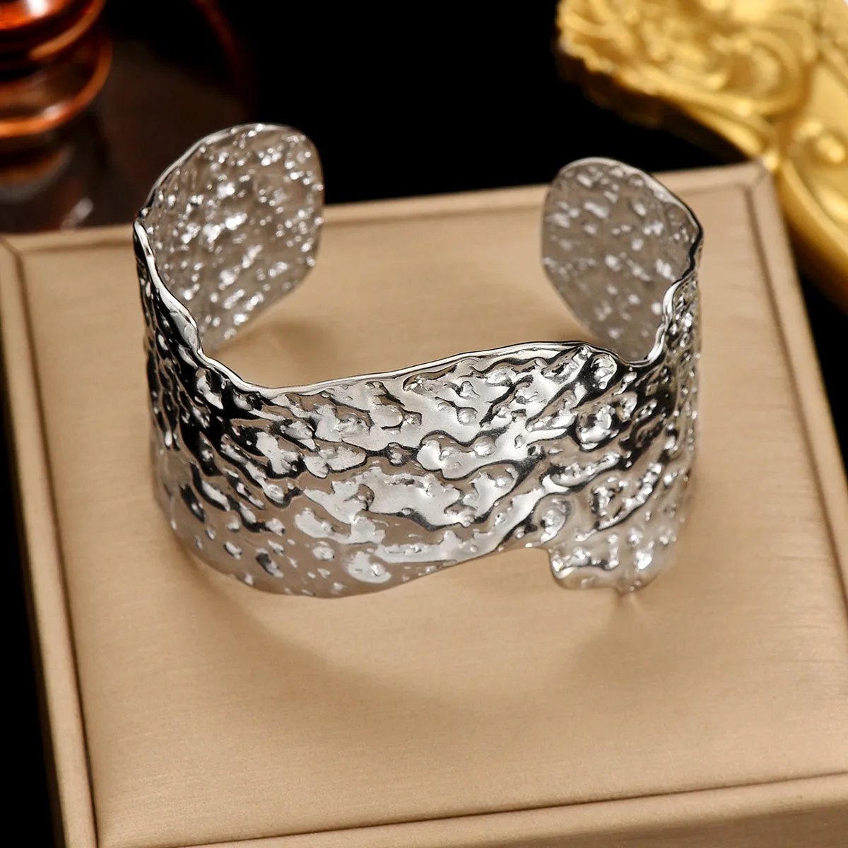 Handmade Hammered Stainless Steel Cuff Bracelet with Platinum Plating