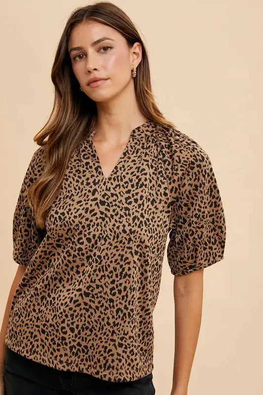 Animal Print Knit Volume Sleeve Blouse – Trendy Statement Piece with Buttoned Detail Trendsi