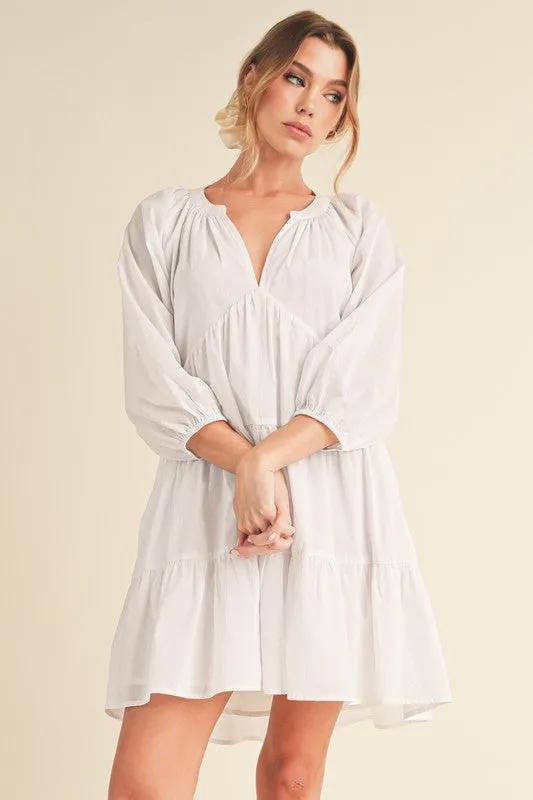 Notched Balloon Sleeve Tiered Mini Dress