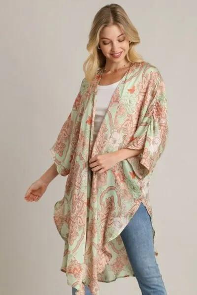 Multicolor Mixed Print Open Front Kimono with Ruffle Sleeves
