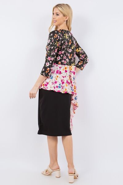 Multicolor Floral Asymmetrical Hemline Round Neck Top Trendsi