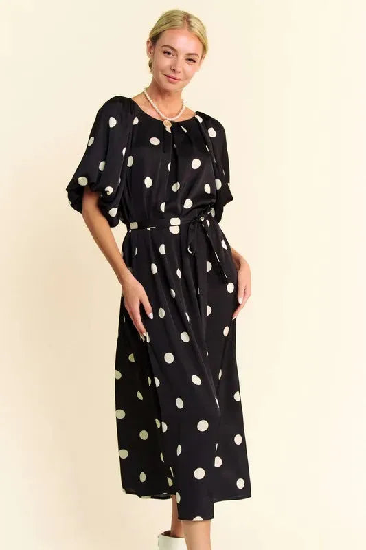 Polka Dot Puff Sleeve Waist Tie Midi Dress – A Timeless Feminine Staple