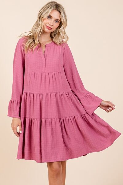 Rose Color Tiered Notched Flare Sleeve Dress Trendsi