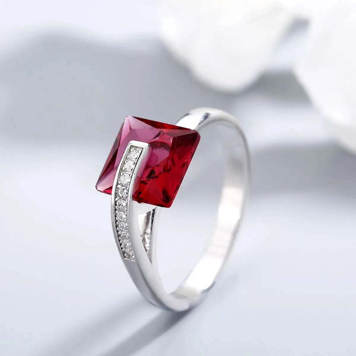 Platinum-Plated Sterling Silver Red Zircon Ring for Women