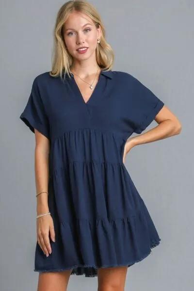 Tiered Dark Navy Dress with Raw Hem &#x26; Folded Sleeves You'll Love in 2025 - Apparel