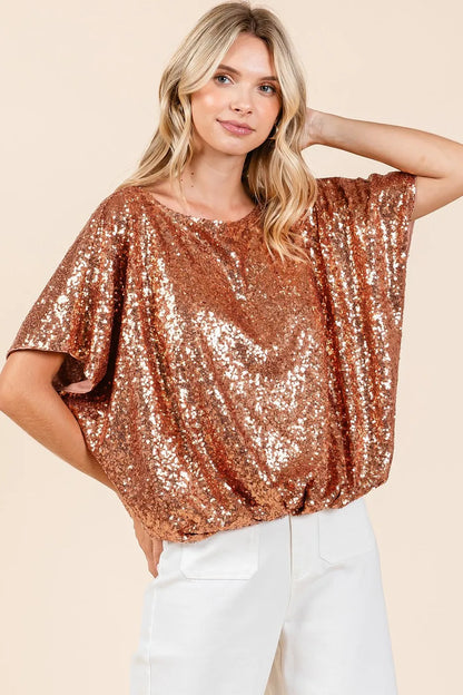 Sequin Short Sleeve Top with Elastic Band Hem – Sparkling Party Rust Color Blouse Jewelry Bubble