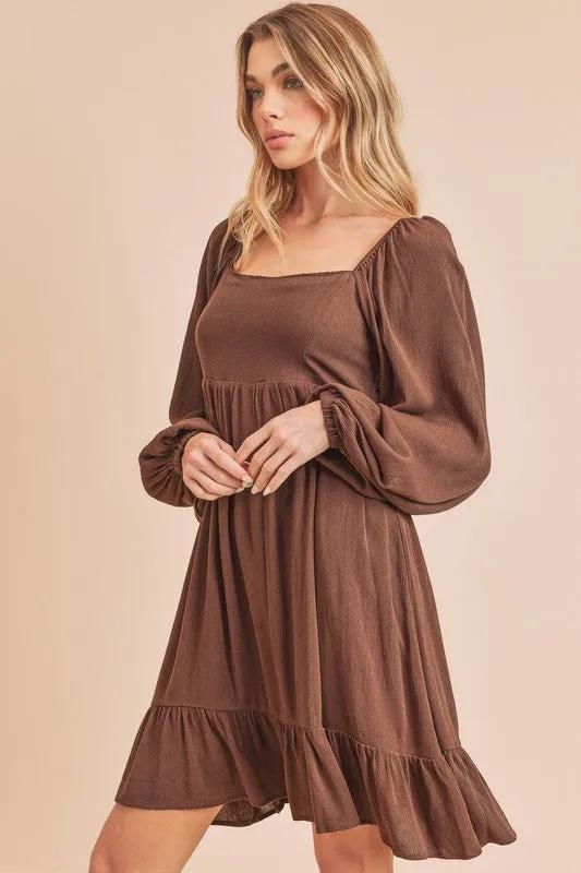 Dark Brown Ruffled Mini Dress with Square Neck | Balloon Sleeves