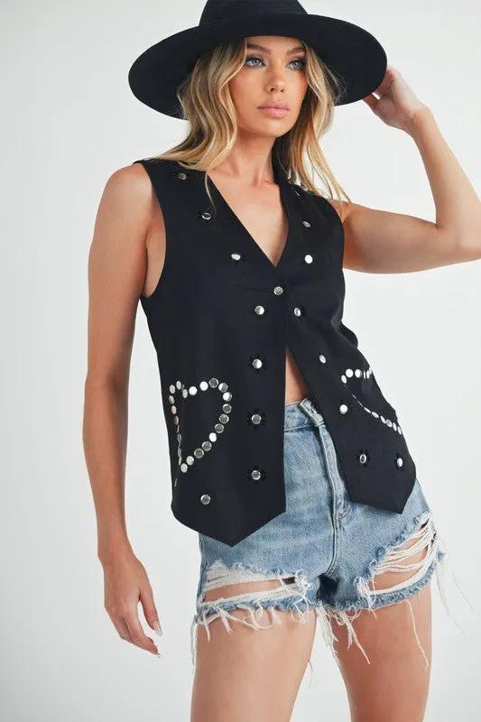 Heart Rivet Black Suede Vest | Stylish Detail
