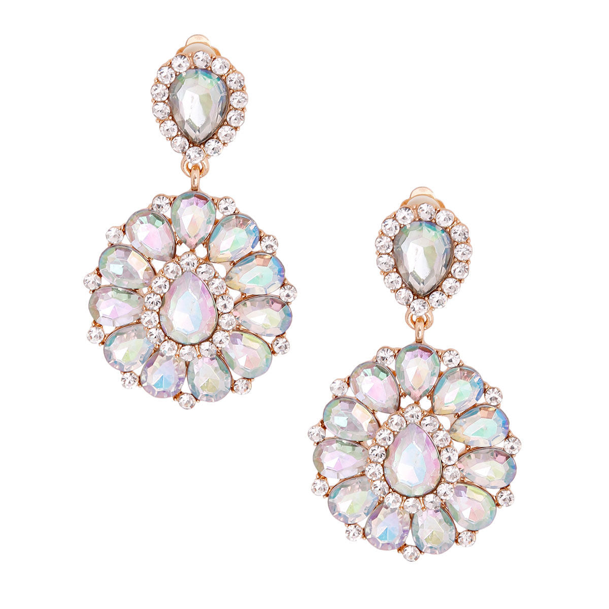 Ornate Crystal Clip On Earrings Aurora Borealis Teardrop Halo