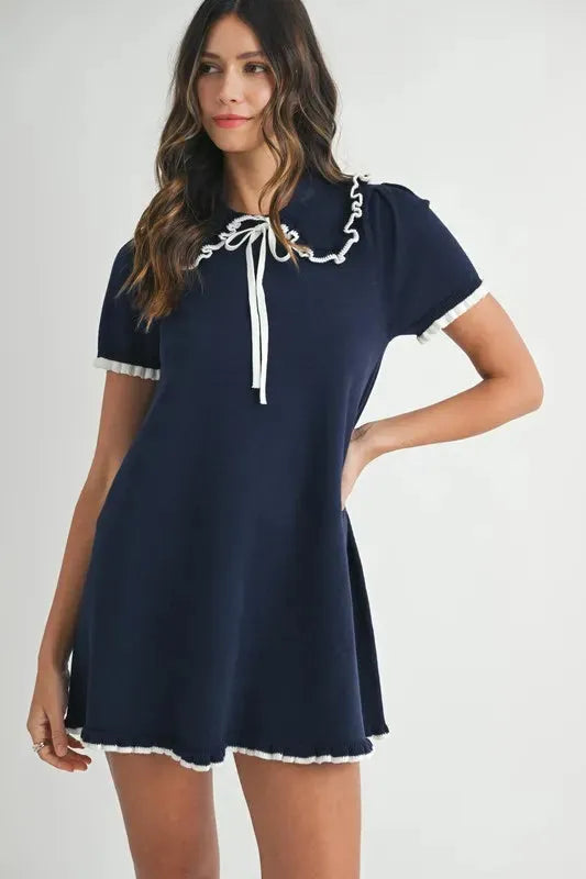 Ruffle Trimmed Collar Fine Knit Mini Dress – Sophisticated & Chic