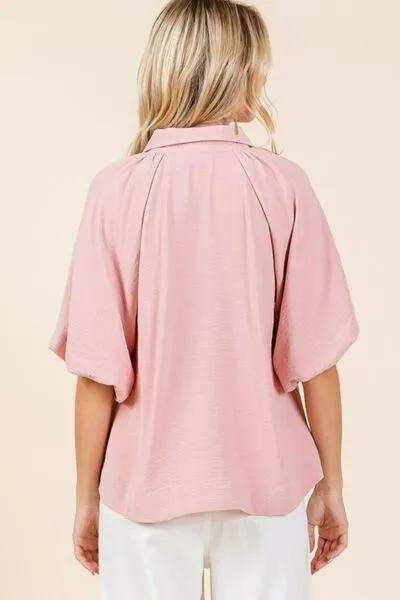 Women's Button Down Pink Shirt with Bubble Sleeves for Everyday Elegance