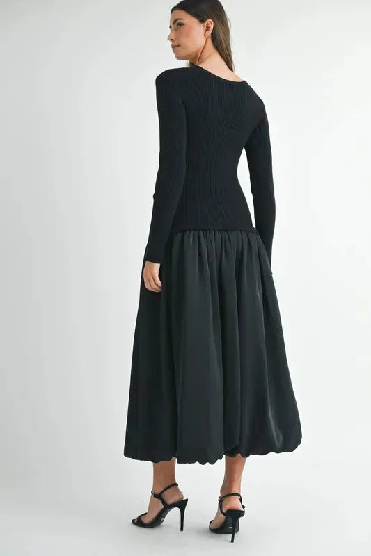 Black Ribbed Poplin Mix Midi Sweater Dress: Trendy and Versatile