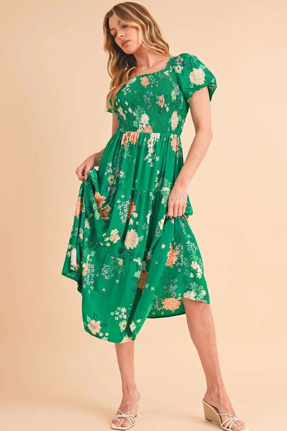Green Floral Print Smocked Tiered Midi Dress with Bubble Sleeves – 100% Viscose