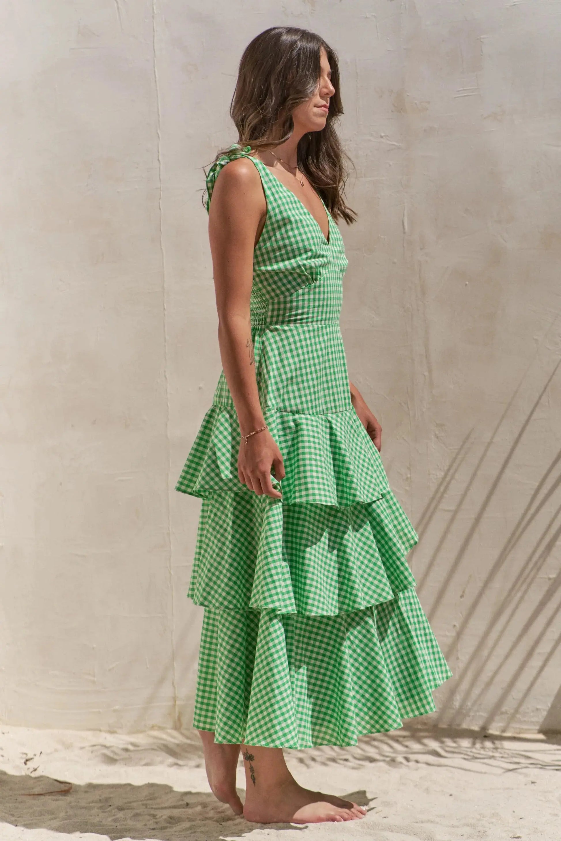 Jade By Jane Sleeveless Gingham Print Tiered Midi Dress Jewelry Bubble