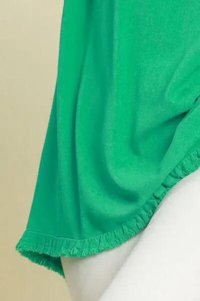 Seam Detail Linen Ruffle Fringe Edge Green Top – Stylish Comfort Now!